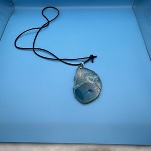 Natural Blue Agate Geode Slice Pendant Necklace Black Cord Boho Gemstone